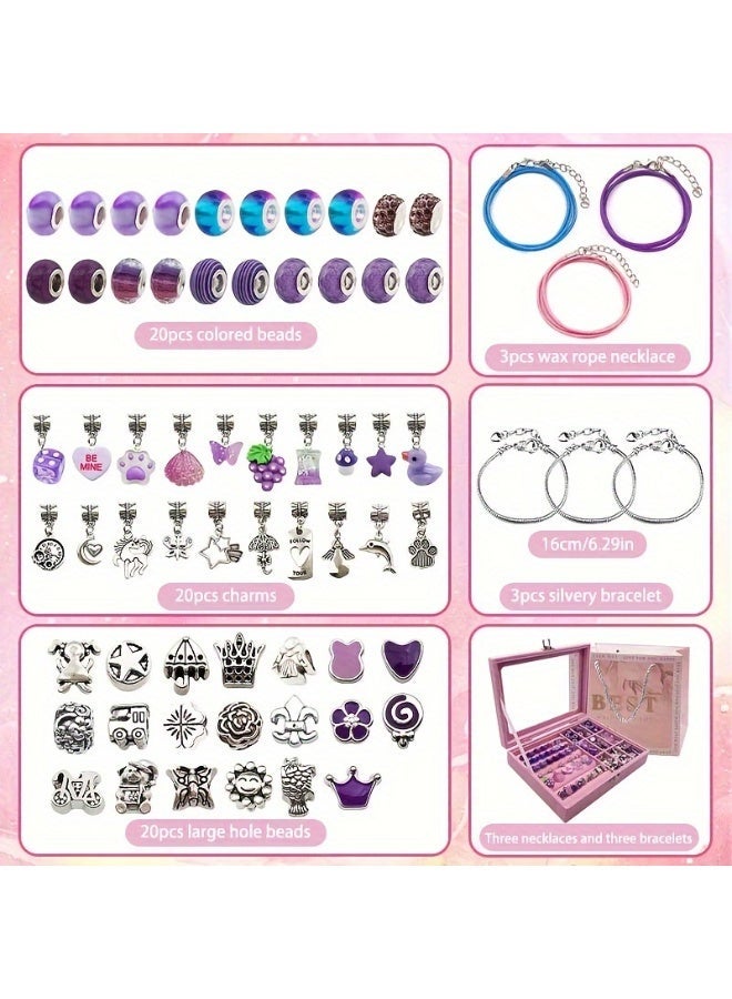 Capstro 68PCS Charm Bracelet Making Kit for Girls – Purple Jewelry Kit with Snake Chain Bracelets, Cords, Beads, Pendants,  Luxury Jewelry Box & Gift Bag | DIY Bracelet Craft Set for Kids Ages 6–12 - Image 3