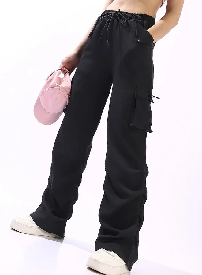 HIGH STAR Women's Black Polyester Blend Solid Full Cargo Wide Leg Trouser