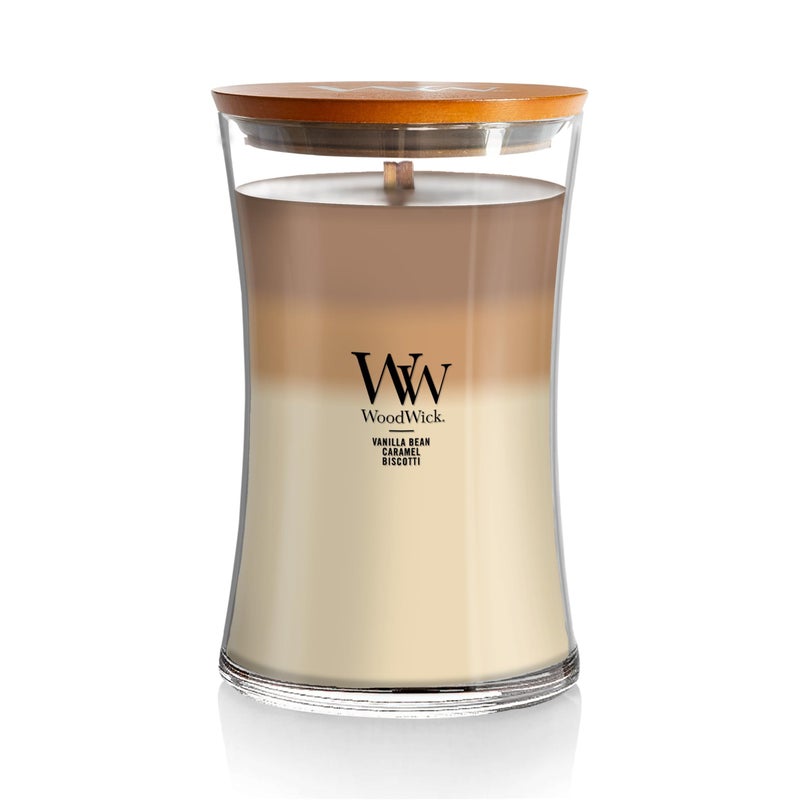 WoodWick شمعة كبيرة على شكل ساعة رملية برائحة حلويات المقهى من وود ويك تصدر صوت فرقعة أثناء الاحتراق تصل مدة الاحتراق إلى 180 ساعة مثالية للهدايا أو ديكور المنزل 21 أونصة