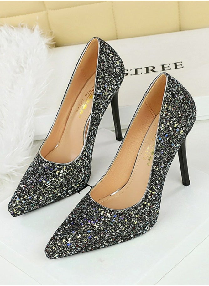 BIGTREE Women's Sparkly Party Stiletto Pumps Pointed Closed Toe High Heels 11CM Black  - Image 1