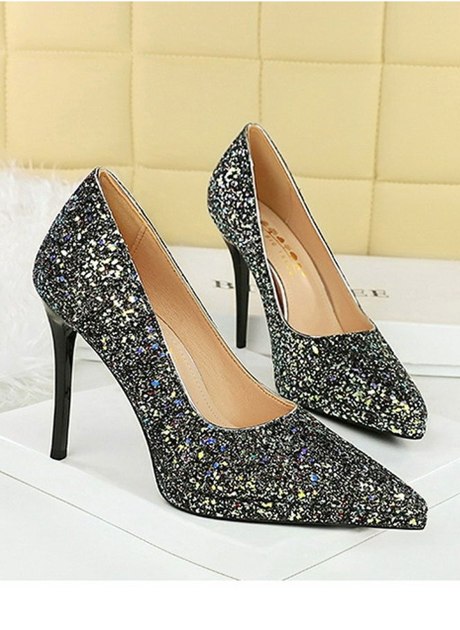 BIGTREE Women's Sparkly Party Stiletto Pumps Pointed Closed Toe High Heels 11CM Black  - Image 2