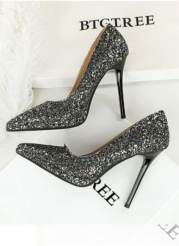 BIGTREE Women's Sparkly Party Stiletto Pumps Pointed Closed Toe High Heels 11CM Black  - Image 3