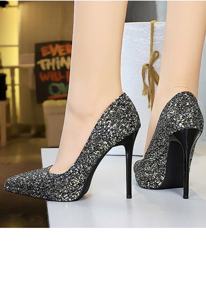 BIGTREE Women's Sparkly Party Stiletto Pumps Pointed Closed Toe High Heels 11CM Black  - Image 5