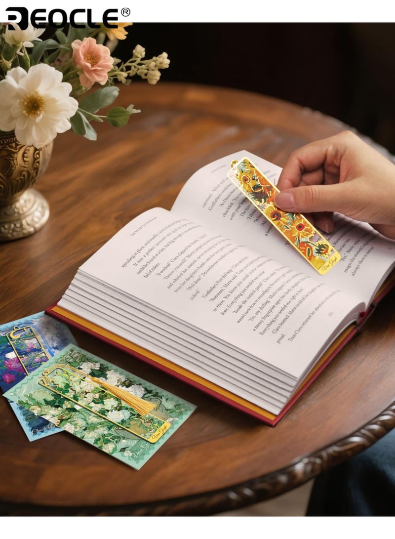 ريوكل علامة مرجعية معدنية عتيقة بتصميم لوحة زيتية وتفاصيل برونزية مجوفة، إكسسوار كتاب طويل بشرابة بلمسة فنية، مناسب للقراءة كهدية. - Image 4