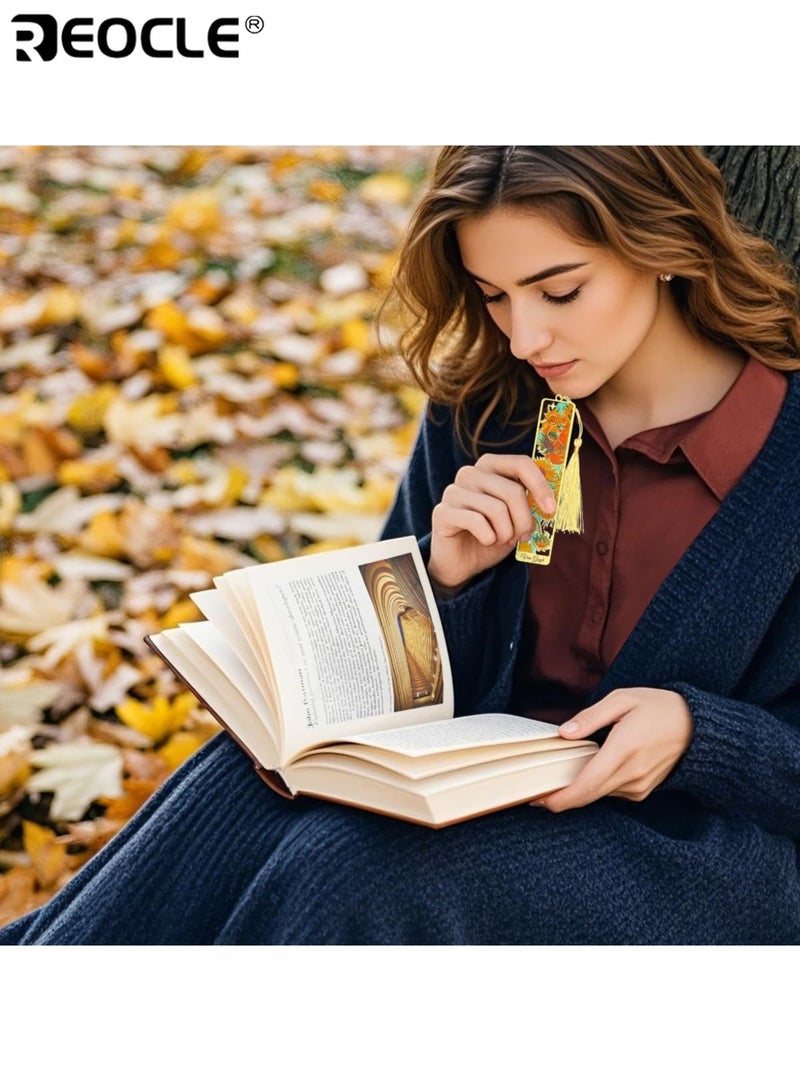 ريوكل علامة مرجعية معدنية عتيقة بتصميم لوحة زيتية وتفاصيل برونزية مجوفة، إكسسوار كتاب طويل بشرابة بلمسة فنية، مناسب للقراءة كهدية. - Image 5