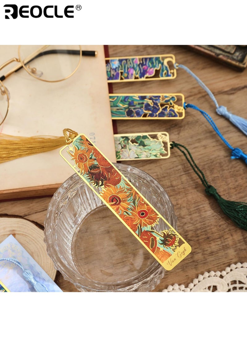 ريوكل علامة مرجعية معدنية عتيقة بتصميم لوحة زيتية وتفاصيل برونزية مجوفة، إكسسوار كتاب طويل بشرابة بلمسة فنية، مناسب للقراءة كهدية. - Image 2