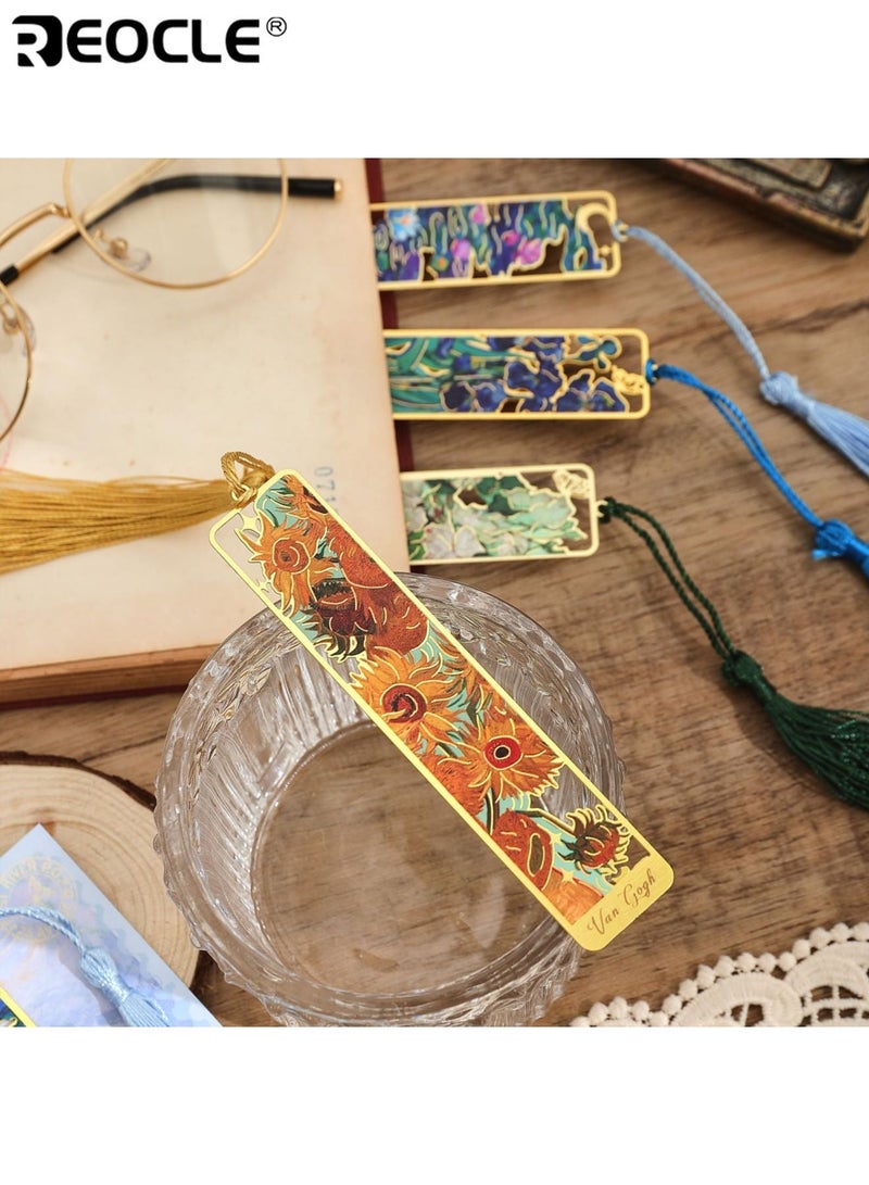 REOCLE Vintage Metal Bookmark with Oil Painting Design and Hollow Bronzing Detail Long Tassel Book Accessory with Artistic Finish for Reading Gift Giving - Image 3