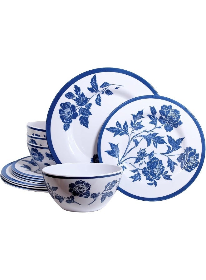 Zayton Melamine Dinnerware Set 12Piece for 4 Dish Set Plates Bowls Unbreakable Dishware for Indoor Outdoor Use Lightweight Durable for Camping Picnics Parties Dark blue - Image 1