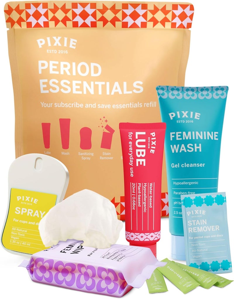 Pixie Cup Menstrual Cup & Disc Cleaner Essentials - What Cup & Disc Owners Need - Feminine Wash, Sanitizer Spray & Dust for Quick Sterilizer, 20 Wipes, Stain Remover & Lube for Easy Insertion for Period Cups - Image 1