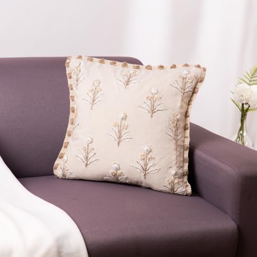 haus & kinder Decorative Embroidered Cushion Cover Set of 1, Cotton Throw Cushion Cover for Sofa, Couch & Living Room, Soft Breathable Square Cushion Case 16x16 Inch Accent Pillow Cover - Image 1