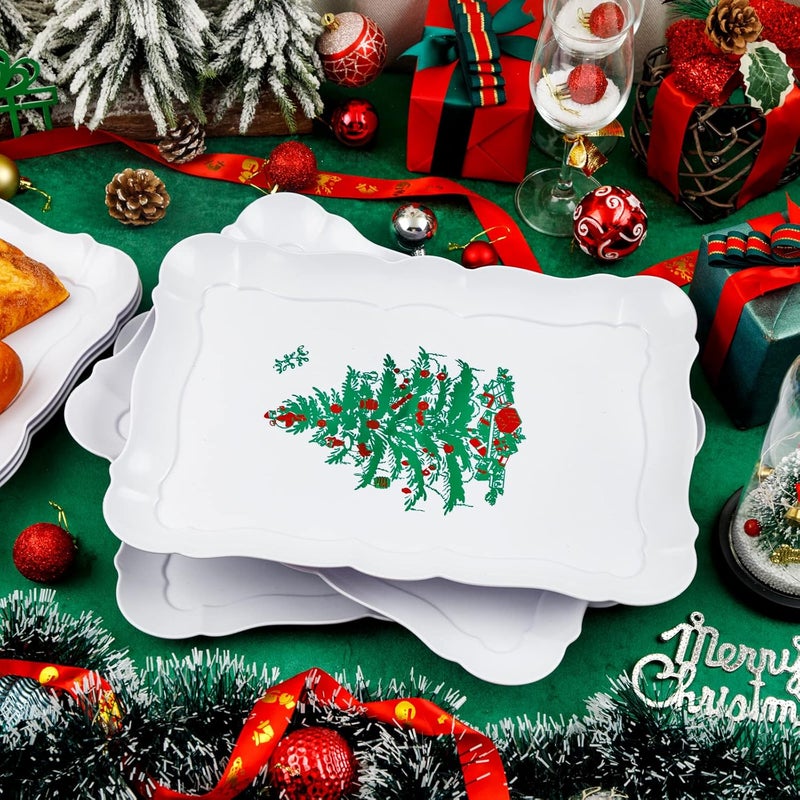BBG 6 Pack Christmas White Plastic Serving Trays, Rectangular Plastic Food Platters with Christmas Tree, 15x10” Dishwasher Safe Party Trays, Reusable Platters and Trays for Party - Image 3