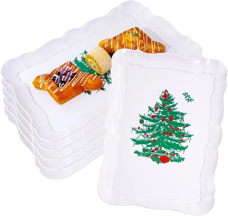 BBG 6 Pack Christmas White Plastic Serving Trays, Rectangular Plastic Food Platters with Christmas Tree, 15x10” Dishwasher Safe Party Trays, Reusable Platters and Trays for Party - Image 1