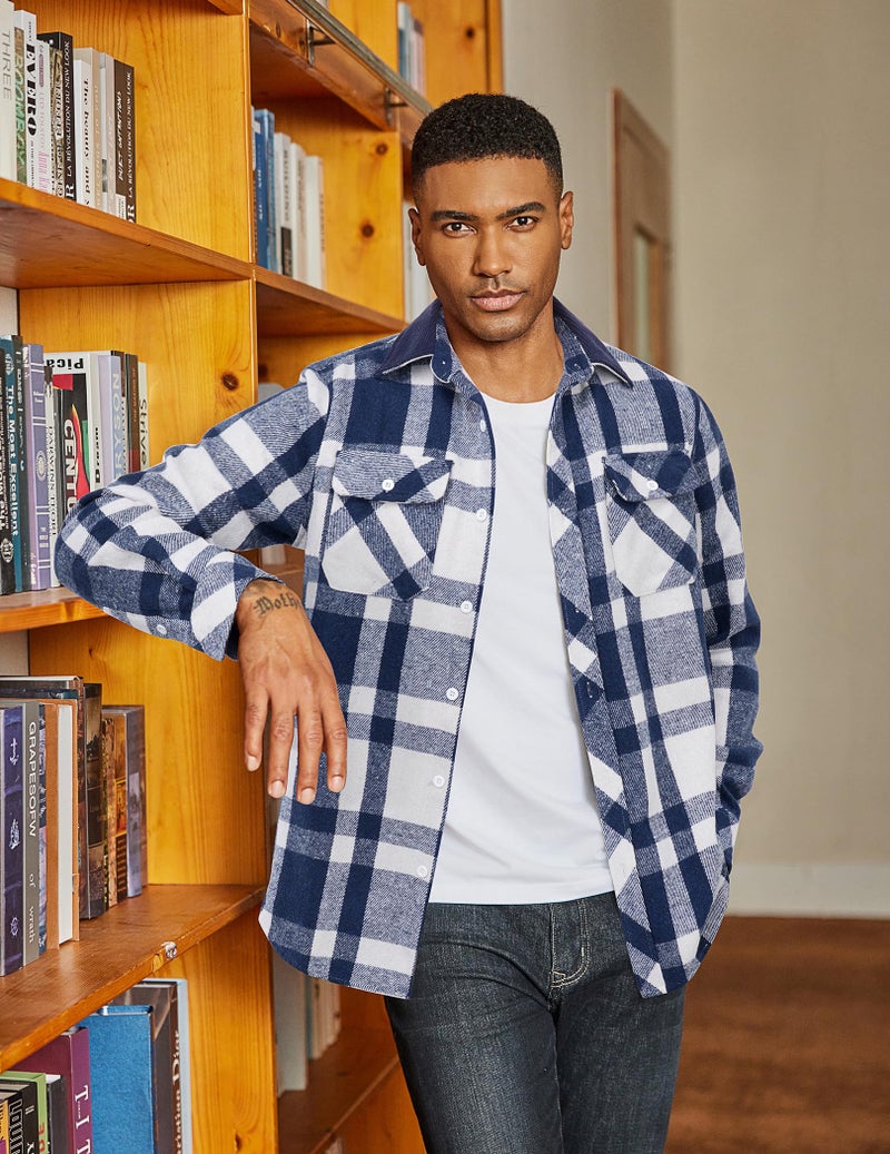 COOFANDY Mens Long Sleeve Shirt Flannel Christmas Outfit Checkered Plaid Jacket Pocket Shirt Blue - Image 2
