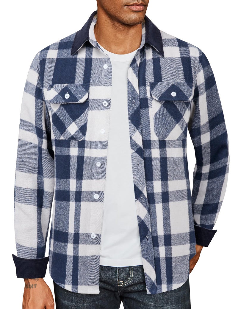 COOFANDY Mens Long Sleeve Shirt Flannel Christmas Outfit Checkered Plaid Jacket Pocket Shirt Blue - Image 1