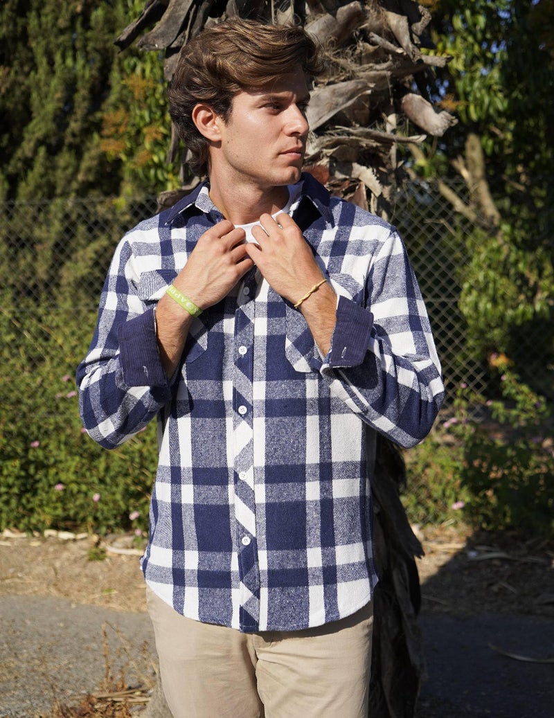 COOFANDY Mens Long Sleeve Shirt Flannel Christmas Outfit Checkered Plaid Jacket Pocket Shirt Blue - Image 4