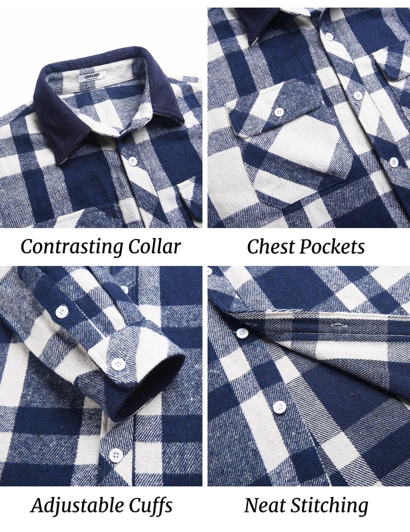 COOFANDY Mens Long Sleeve Shirt Flannel Christmas Outfit Checkered Plaid Jacket Pocket Shirt Blue - Image 5