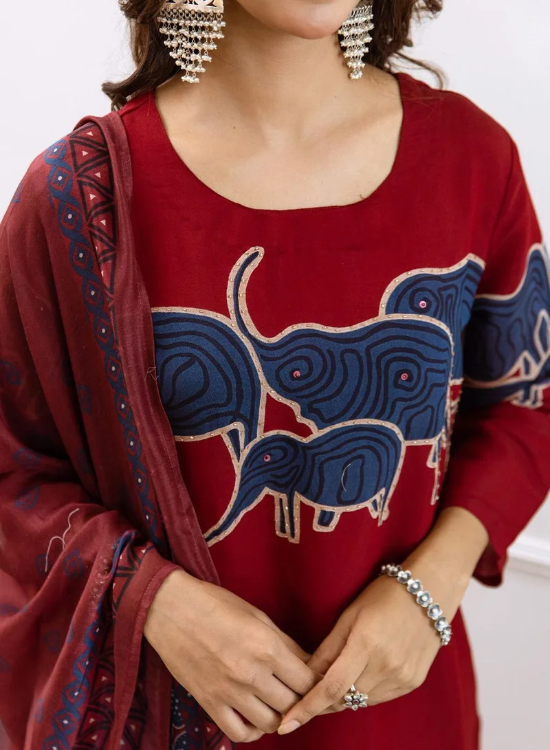 ISHIN Red Women Red Modal Muslin 3 pcs Kurta Set for Women | Best Price UAE