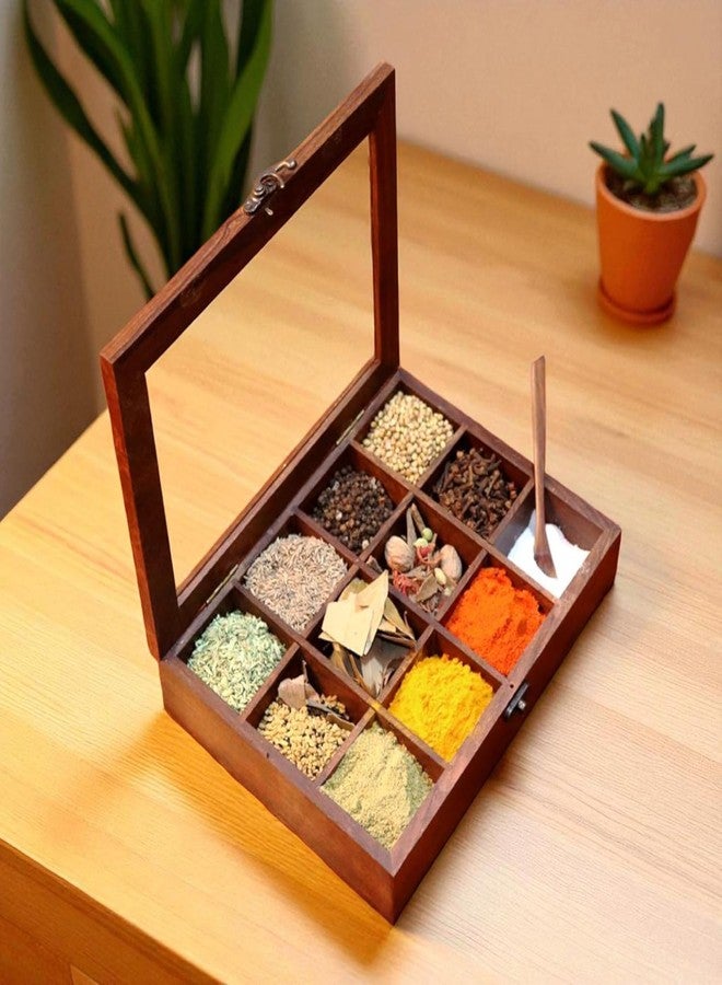 SNOWGREEN EXPORT Wooden Spice Box With 12 Partitions,Wide Borders - Image 1