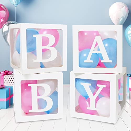 RUBFAC Baby Boxes with 41 Letters and 36 Balloons, 4pcs Clear Balloon Boxes for Baby Shower Gender Reveal Girl Boy Blocks Birthday Party Decorations - Image 1