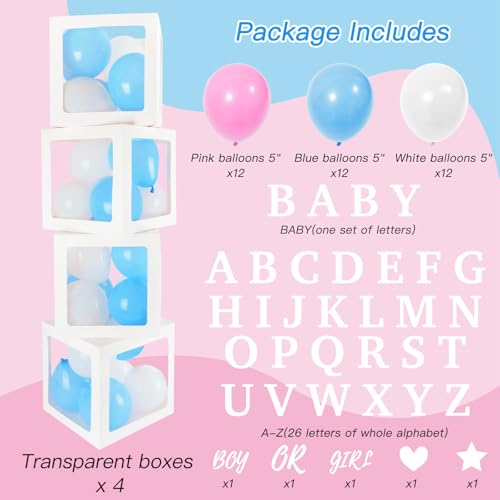 RUBFAC Baby Boxes with 41 Letters and 36 Balloons, 4pcs Clear Balloon Boxes for Baby Shower Gender Reveal Girl Boy Blocks Birthday Party Decorations - Image 2