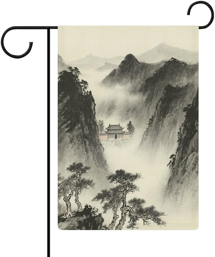Double Sided Burlap Garden Flag 18.5x12.6 Inch Ancient Temple Mist Outdoor Yard Decoration - Image 1