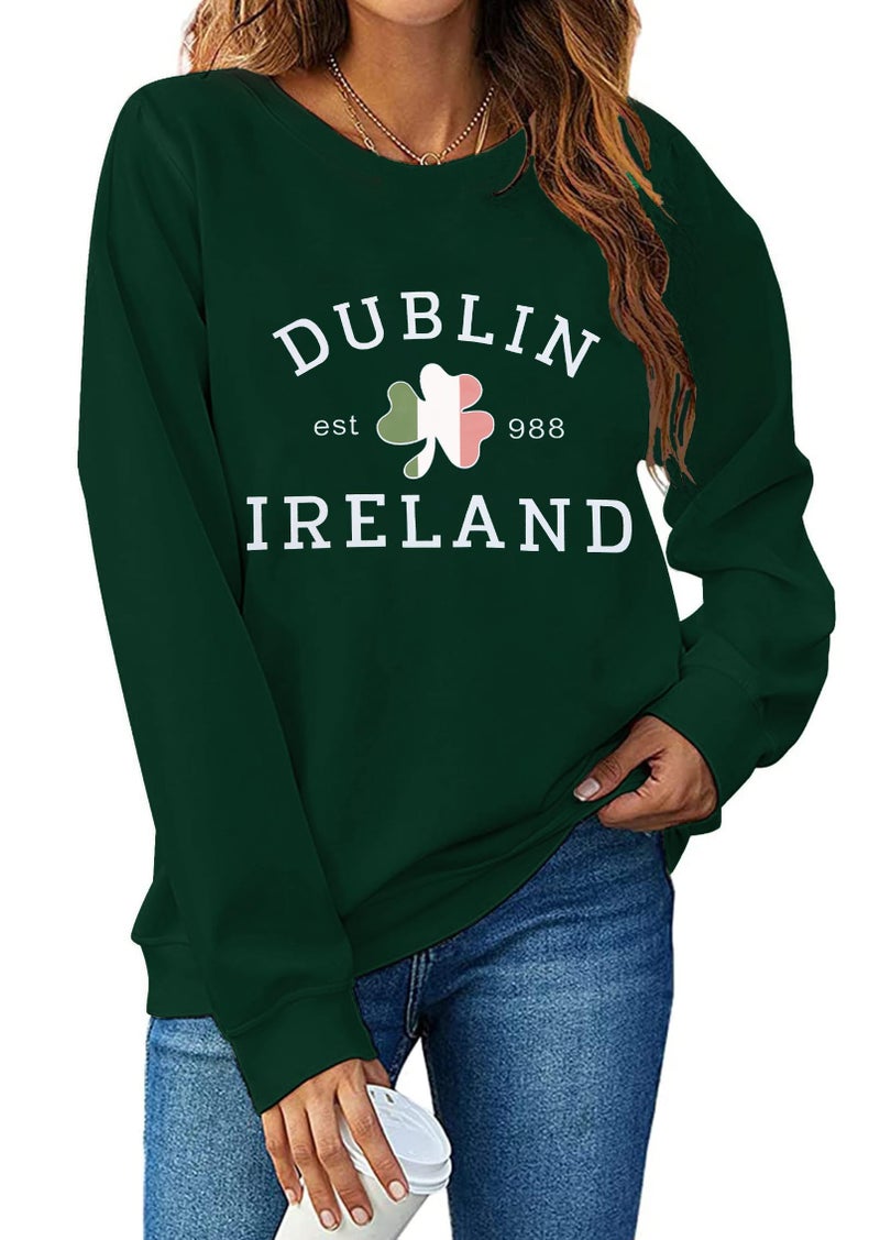 BEIDEFY St. Patrick's Day Sweatshirt Women Lucky Shamrock Long Sleeve Shirt Dublin Ireland Pullover Tops Dark Green - Image 1