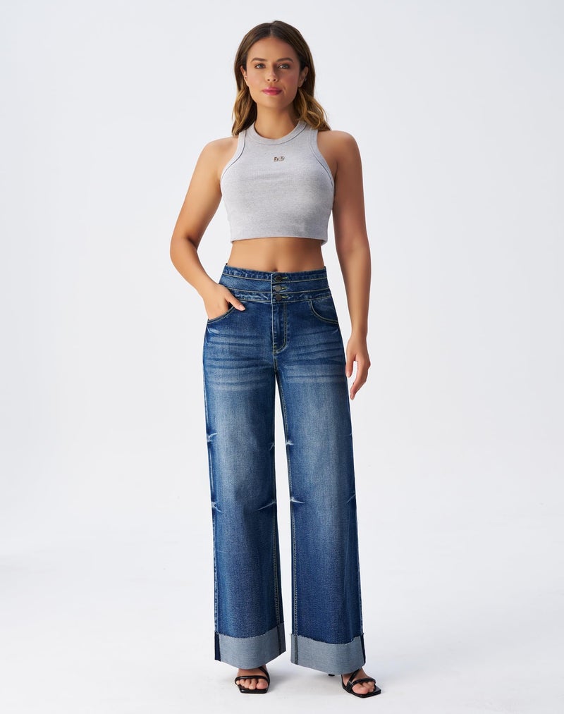 roswear Women's High Waisted Stretchy Wide Leg Jeans Cuffed Baggy Jeans Loose Denim Pants Blue X-Large - Image 3