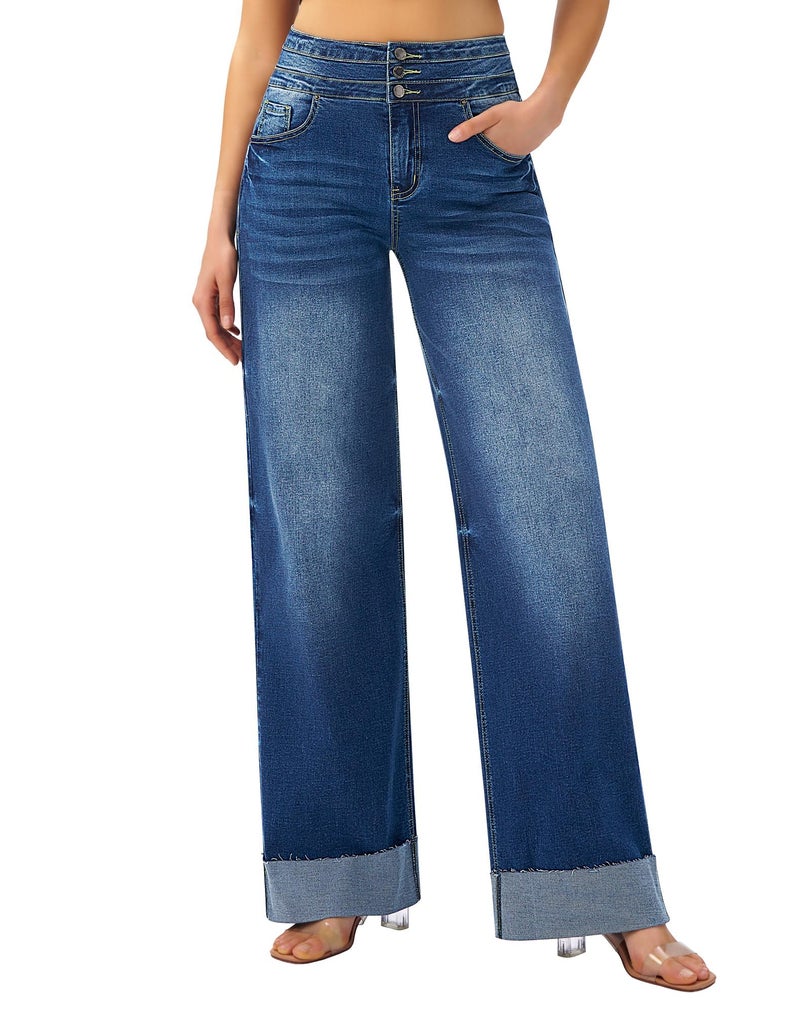 roswear Women's High Waisted Stretchy Wide Leg Jeans Cuffed Baggy Jeans Loose Denim Pants Blue X-Large - Image 1