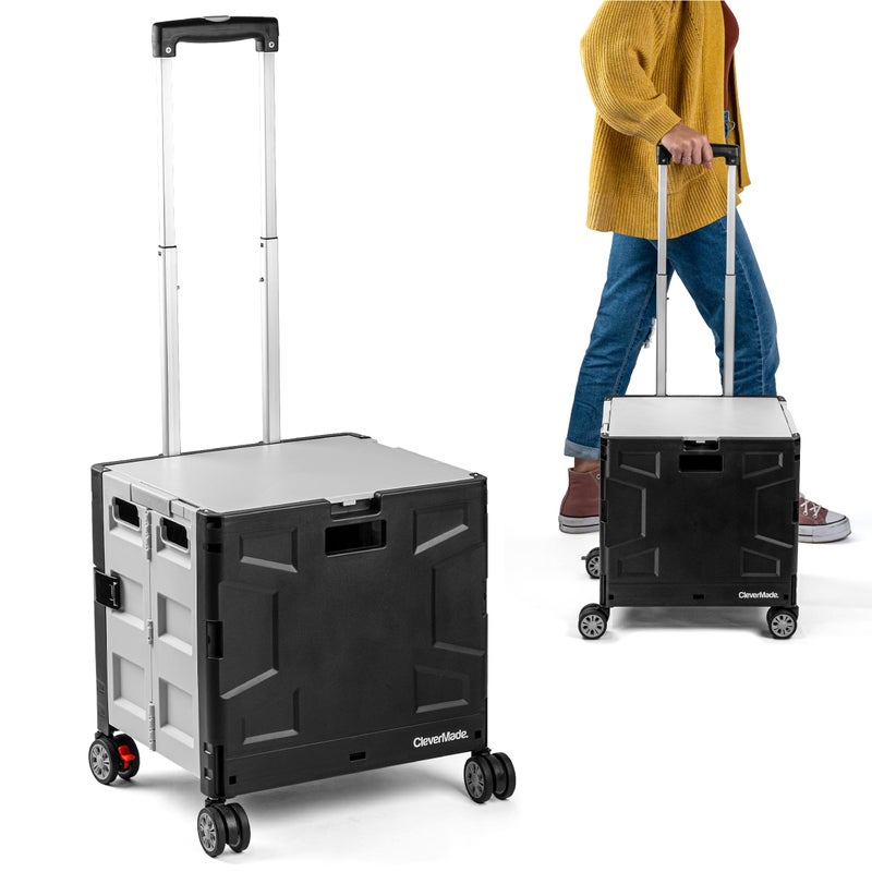 CleverMade Collapsible Crate on Wheels with Handle (35L, 4-Wheel) â€“ Collapsible Rolling Cart with Lid, Foldable Utility Cart for Teachers, Groceries, Travel, Office Storage â€“ Holds 75 lbs, Cool Gray - Image 1