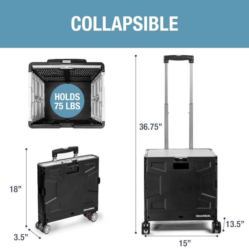 CleverMade Collapsible Crate on Wheels with Handle (35L, 4-Wheel) â€“ Collapsible Rolling Cart with Lid, Foldable Utility Cart for Teachers, Groceries, Travel, Office Storage â€“ Holds 75 lbs, Cool Gray - Image 2