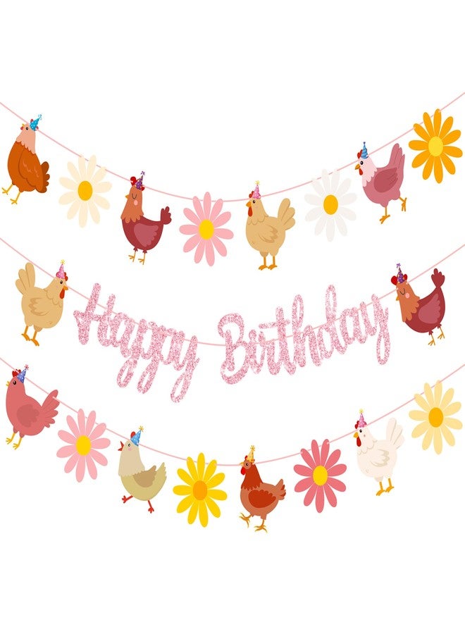 umoni Chicken Themed Birthday Party Supplies Daisy Chicken Happy Birthday Banner Pink Glitter Floral Little Chick Party Decoration Hen Themed Cutout Banners for Girls Farm Animal Bday Baby Shower Supplies - Image 1