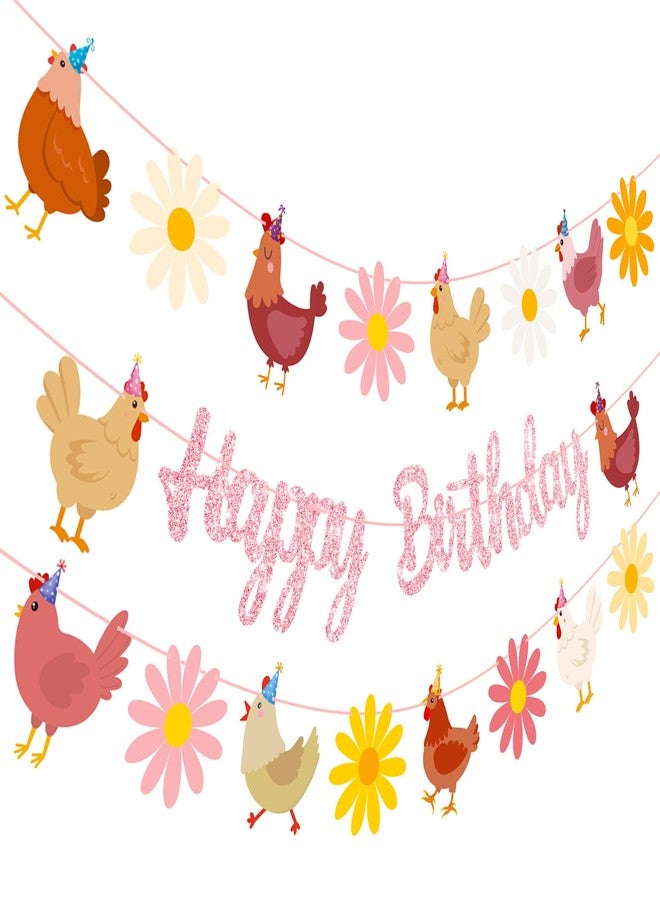 umoni Chicken Themed Birthday Party Supplies Daisy Chicken Happy Birthday Banner Pink Glitter Floral Little Chick Party Decoration Hen Themed Cutout Banners for Girls Farm Animal Bday Baby Shower Supplies - Image 2