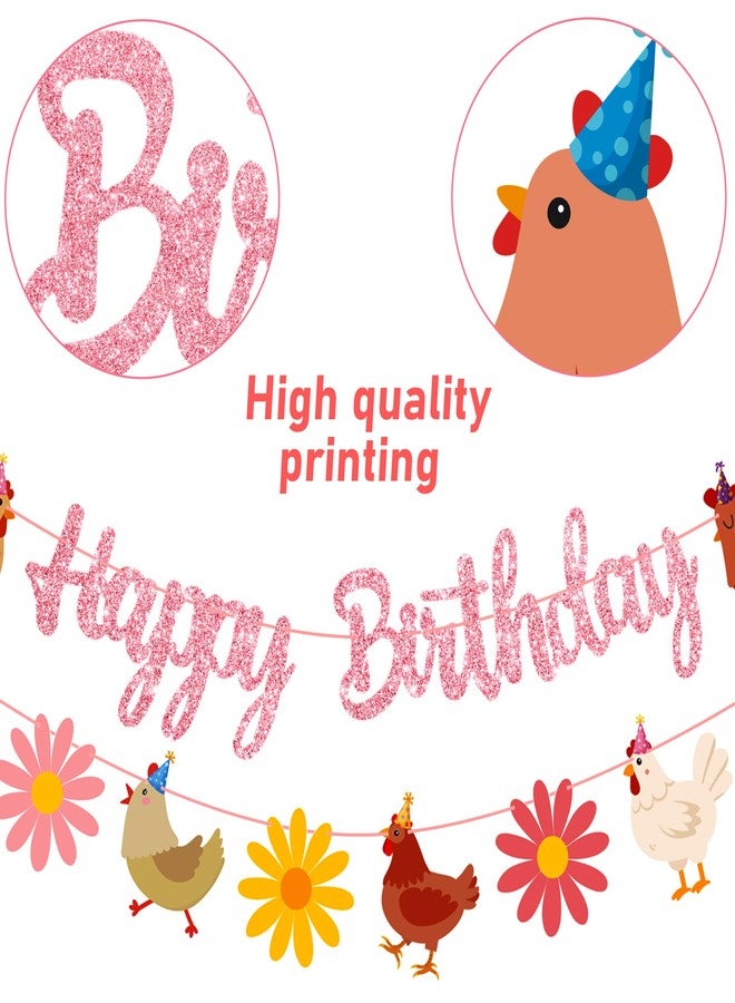 umoni Chicken Themed Birthday Party Supplies Daisy Chicken Happy Birthday Banner Pink Glitter Floral Little Chick Party Decoration Hen Themed Cutout Banners for Girls Farm Animal Bday Baby Shower Supplies - Image 4