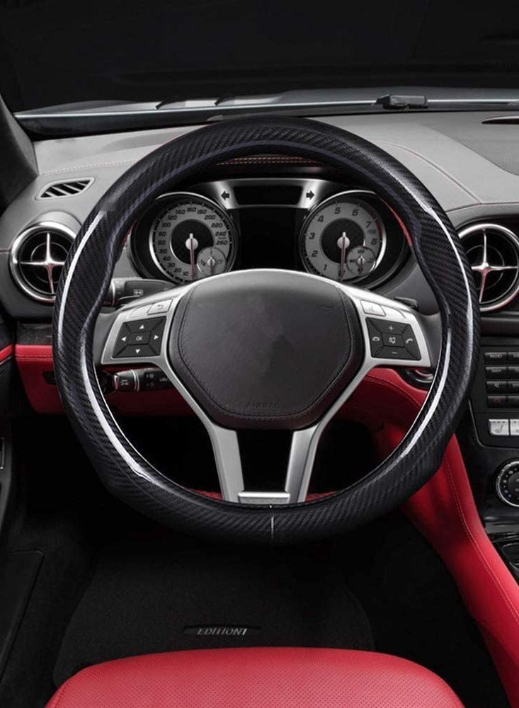 Steering Wheel Covers Carbon Fiber Universal Fit 15 inch for Men Ergonomics Sport Design Anti-Slip Inner Blue Rubber Carbon Fiber Pattern Auto Steering Wheel Covers Accessories for Men Women - Image 4