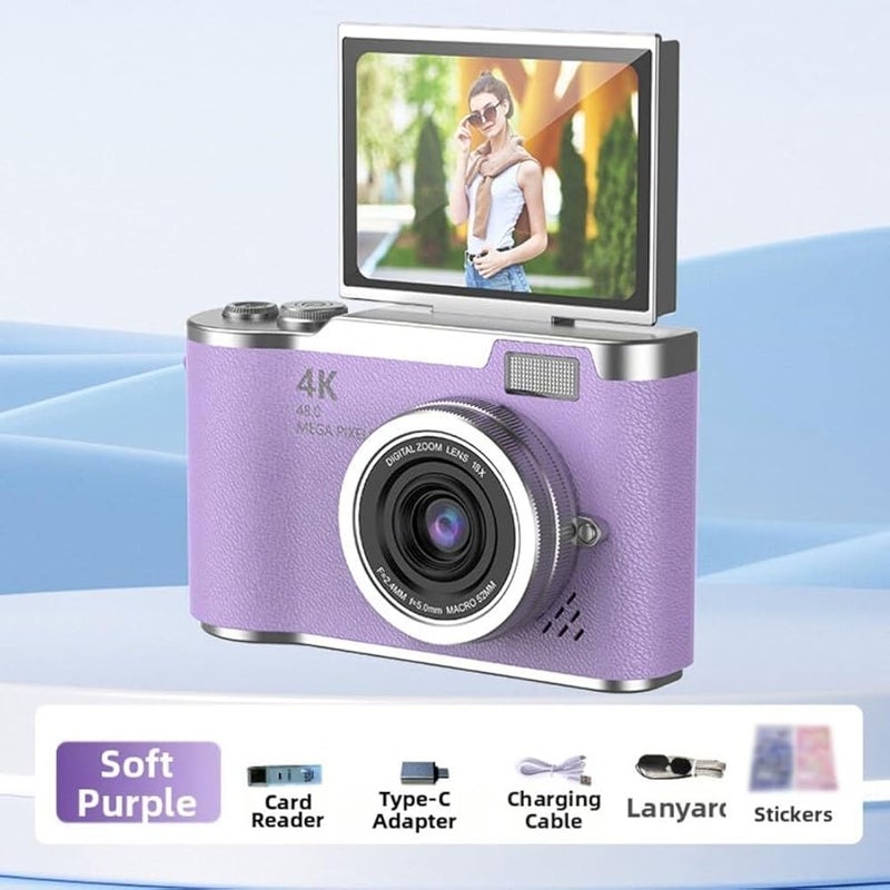 48MP 4K Digital Camera With Flip Screen 8X Zoom Compact Point And Shoot Purple - Image 1