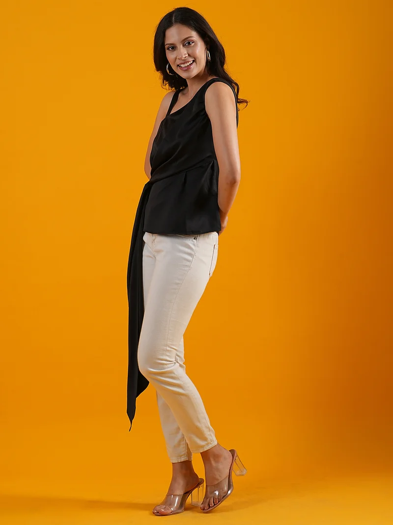 globus Globus Women Black One Shoulder Tie-Ups Detailed Casual Top