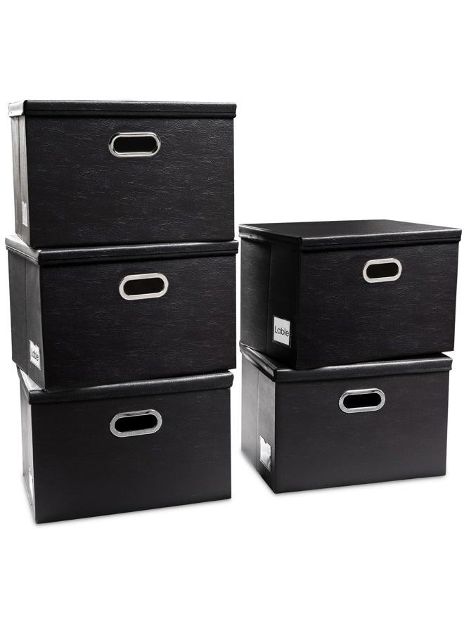 PRANDOM Large Stackable Storage Boxes with Lids [5-Pack] Leather Fabric Foldable Storage Bins Organizer Containers Baskets Cubes with Cover for Bedroom Closet Office Nursery Black(17.7x11.8x11.8) - Image 1