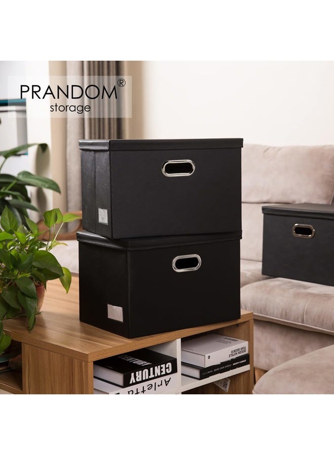 PRANDOM Large Stackable Storage Boxes with Lids [5-Pack] Leather Fabric Foldable Storage Bins Organizer Containers Baskets Cubes with Cover for Bedroom Closet Office Nursery Black(17.7x11.8x11.8) - Image 2