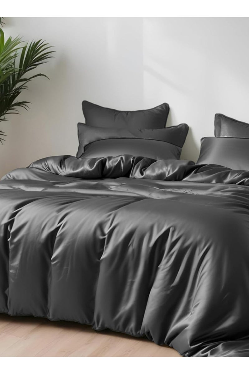 LUNA Home King Size 6 pcs - Bamboo Satin Silky Duvet Cover Set - 6 PCS Cooling Duvet Cover 220x240CM & 4 Pillowcases 50x75CM, 1 Fitted Bedsheet 200x200+30CM, Dark Grey color. - Image 3
