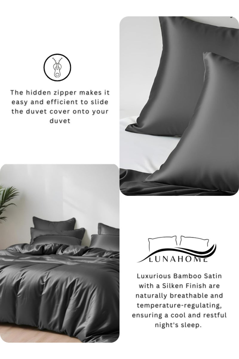 LUNA Home King Size 6 pcs - Bamboo Satin Silky Duvet Cover Set - 6 PCS Cooling Duvet Cover 220x240CM & 4 Pillowcases 50x75CM, 1 Fitted Bedsheet 200x200+30CM, Dark Grey color. - Image 5