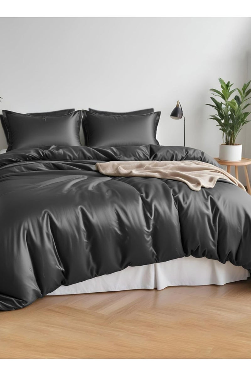LUNA Home King Size 6 pcs - Bamboo Satin Silky Duvet Cover Set - 6 PCS Cooling Duvet Cover 220x240CM & 4 Pillowcases 50x75CM, 1 Fitted Bedsheet 200x200+30CM, Dark Grey color. - Image 1
