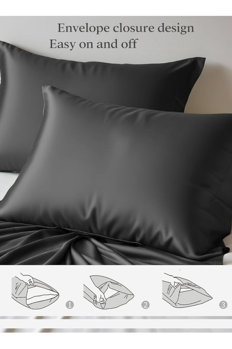 LUNA Home King Size 6 pcs - Bamboo Satin Silky Duvet Cover Set - 6 PCS Cooling Duvet Cover 220x240CM & 4 Pillowcases 50x75CM, 1 Fitted Bedsheet 200x200+30CM, Dark Grey color. - Image 4