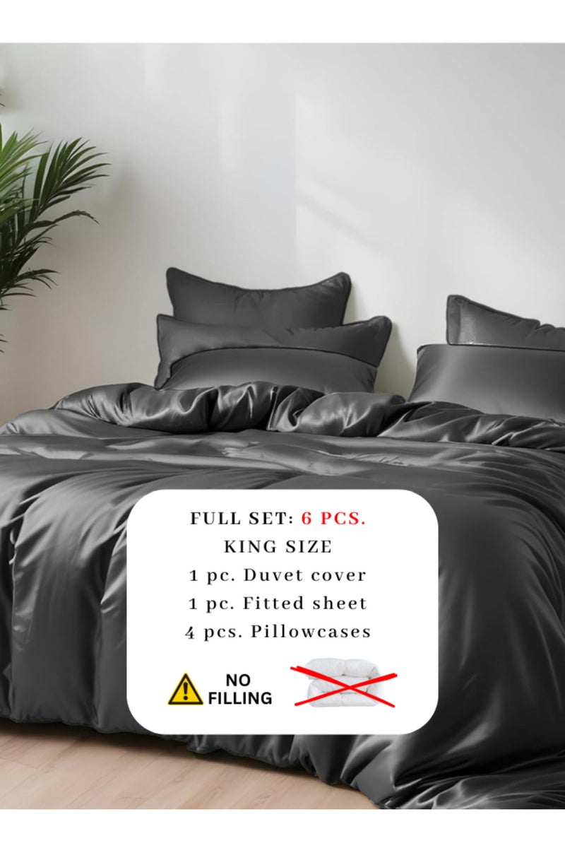LUNA Home King Size 6 pcs - Bamboo Satin Silky Duvet Cover Set - 6 PCS Cooling Duvet Cover 220x240CM & 4 Pillowcases 50x75CM, 1 Fitted Bedsheet 200x200+30CM, Dark Grey color. - Image 2