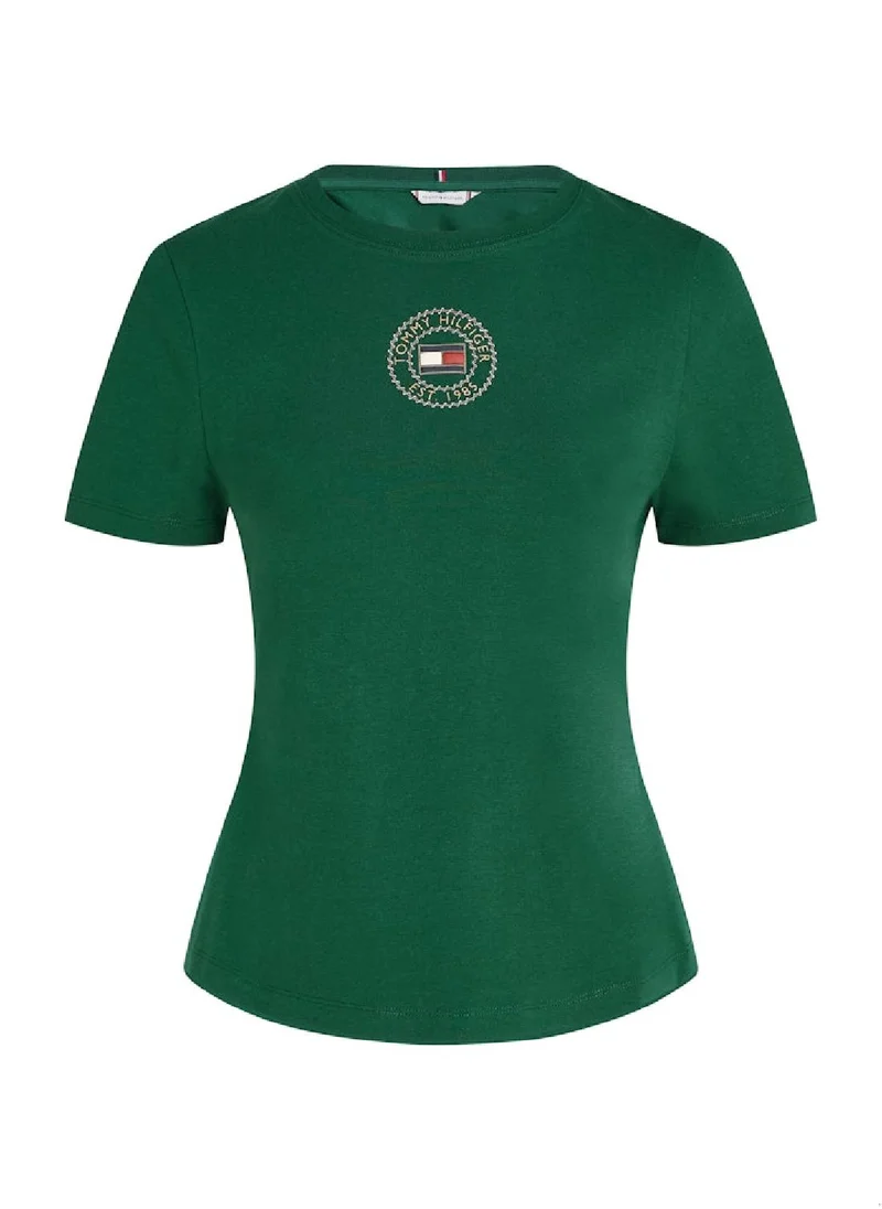 TOMMY HILFIGER Women's Stamp Logo Slim T-Shirt, Green - Cotton