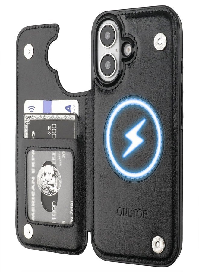 OT ONETOP ONETOP Compatible with Magsafe for iPhone 16 Wallet Case with Card Holder, PU Leather Kickstand RFID Blocking Case, Double Magnetic Clasp and Durable Shockproof Cover 6.1 Inch (Black) - Image 1