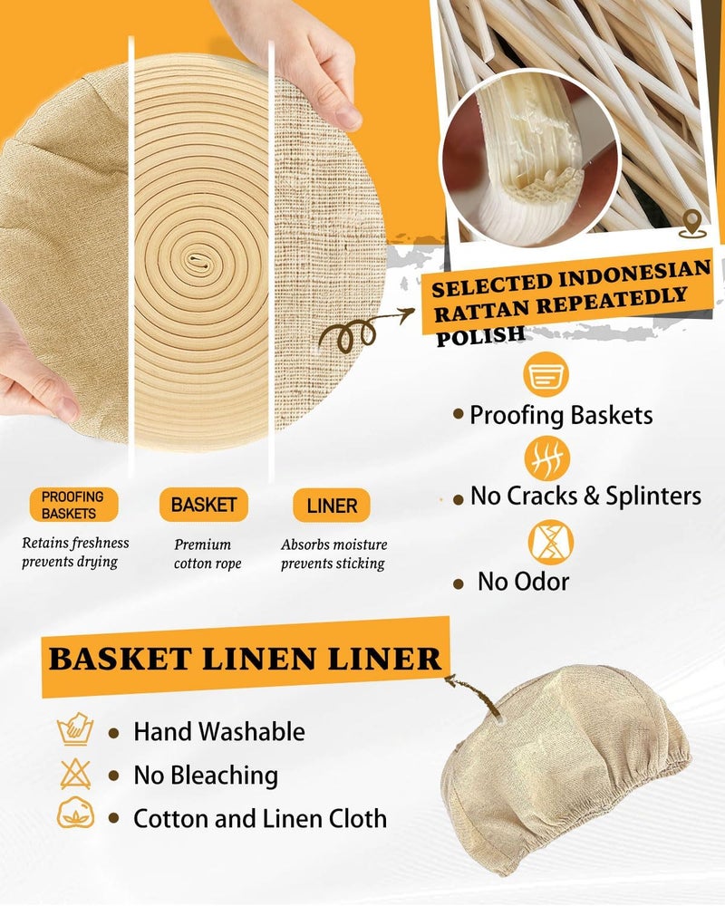 Banneton Bread Proofing Basket, Proofing Basket for Sourdough Bread Baking, Indonesian Rattan Bread Bowl Sourdough bread Baking Supplies with Linen Liner (7" Round Basket x 2) - Image 3