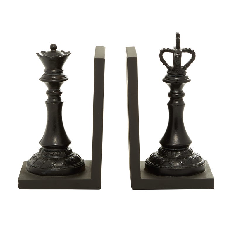 Deco 79 Polystone Chess Decorative Bookends Non Skid Bookends with King and Queen, Set of 2 Office Bookends5"W, 8"H, Black - Image 4