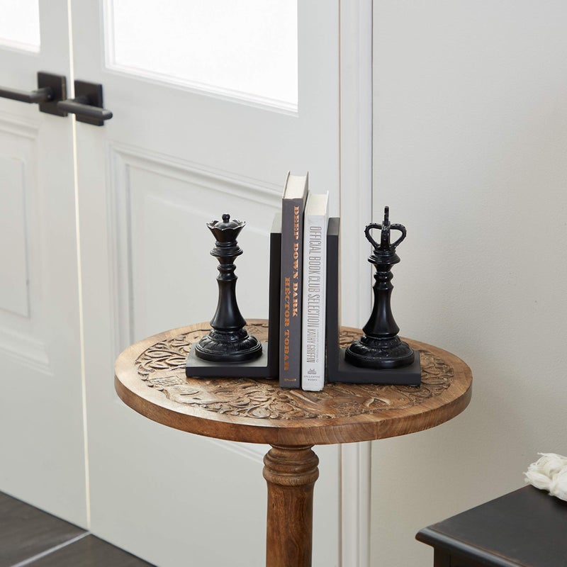 Deco 79 Polystone Chess Decorative Bookends Non Skid Bookends with King and Queen, Set of 2 Office Bookends5"W, 8"H, Black - Image 1