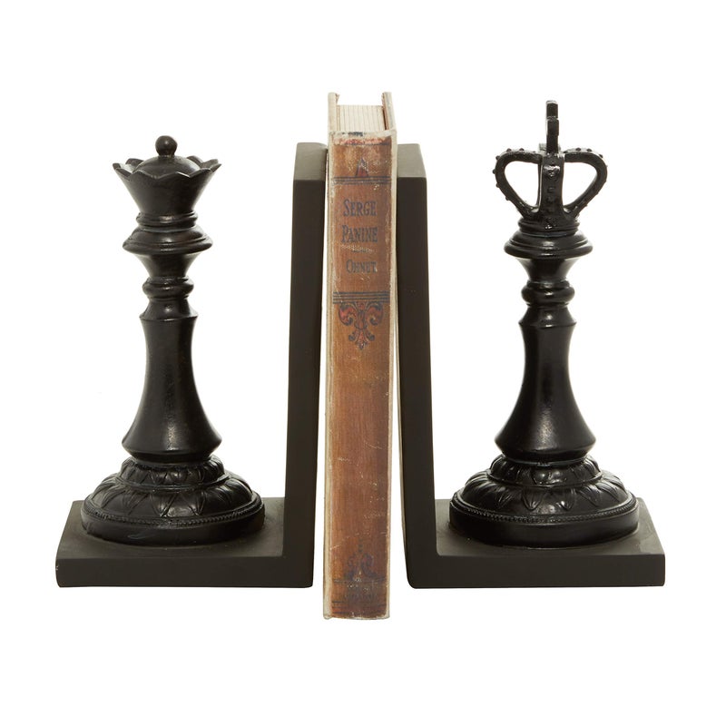 Deco 79 Polystone Chess Decorative Bookends Non Skid Bookends with King and Queen, Set of 2 Office Bookends5"W, 8"H, Black - Image 2
