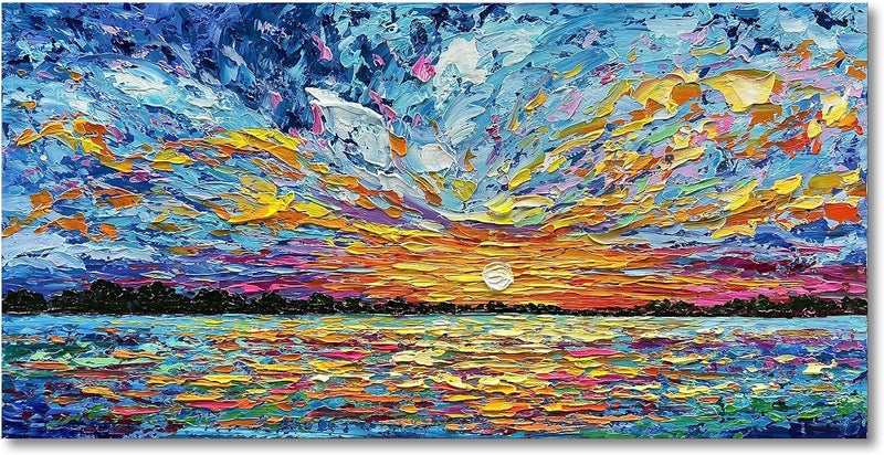 Limiyer Art Hand-painted Sea Sunrise landscape Modern Abstract Oil painting Large Canvas Art Hall Bedroom Office Wall Decoration 24x48 Inch - Image 1